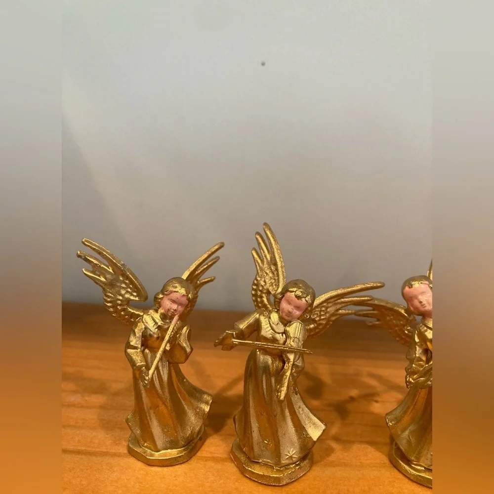 Vtg Set 8 Angel Cherub Instrument Musicians Gold Christmas Ornaments Hong Kong